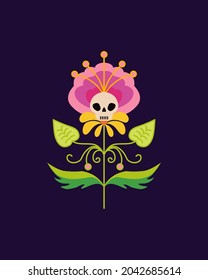 Decorative flower with a skull.  Vector hand-drawn drawing.  Flower for Halloween, Day of the Dead.  Traditional Mexican pattern.  Design for t-shirts, posters.  Flat vector illustration.