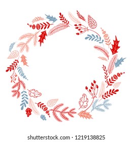 Decorative flower wreath, winter decoration on a white background. Round frame, place for text.