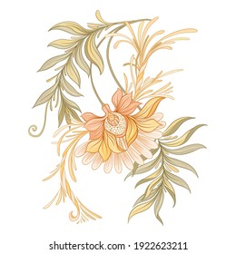 Flores decorativas de estilo Art Nouveau, vintage, de estilo retro antiguo. Ilustración del vector