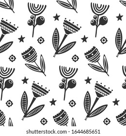 Decorative flowers background, foliage vector. Seamless pattern image. Isolated on white.