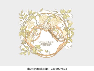 Decorative flowers and bird in art nouveau style, vintage, old, retro style. Border, frame, template for product label, cosmetic packaging. Easy to edit. Vector illustration. In art nouveau style.