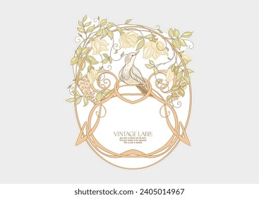 Decorative flowers and bird in art nouveau style, vintage, old, retro style. Border, frame, template for product label, cosmetic packaging. Easy to edit. Vector illustration. In art nouveau style.