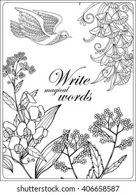 Decorative flowers and bird. Coloring book for adult and older children. Coloring page with space for text. Outline drawing. Vector illustration.