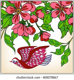 Decorative flowers and bird. Good for greeting card for birthday, Valentines day or wedding or can be used as a print on T-shirts and bags. Colored Vector illustration.