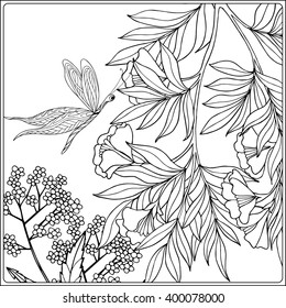 Decorative flowers, birds and butterflies. Coloring book for adult and older children. Coloring page. Outline drawing. Vector illustration.