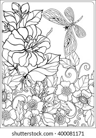 Decorative flowers, birds and butterflies. Coloring book for adult and older children. Coloring page. Outline drawing. Vector illustration.