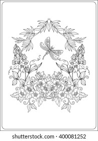 Decorative flowers, birds and butterflies. Coloring book for adult and older children. Coloring page. Outline drawing. Vector illustration.