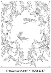 Decorative flowers, birds and butterflies. Coloring book for adult and older children. Coloring page. Outline drawing. Vector illustration.