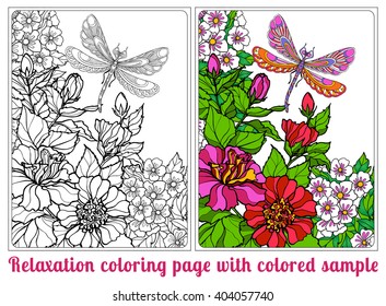Decorative flowers, birds and butterflies. Coloring book for adult and older children. Coloring page with colored sample. Outline drawing. Vector illustration.