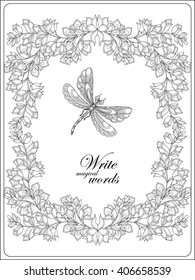 Decorative flowers, birds and butterflies. Coloring book for adult and older children. Coloring page with space for text. Outline drawing. Vector illustration.