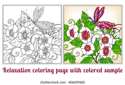 Decorative flowers, birds and butterflies. Coloring book for adult and older children. Coloring page with colored sample. Outline drawing. Vector illustration.