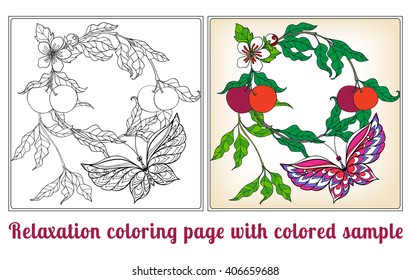Decorative flowers, birds and butterflies. Coloring book for adult and older children. Coloring page with colored sample. Outline drawing. Vector illustration.