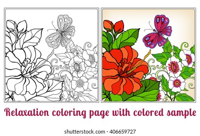Decorative flowers, birds and butterflies. Coloring book for adult and older children. Coloring page with colored sample. Outline drawing. Vector illustration.