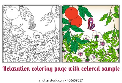 Decorative flowers, birds and butterflies. Coloring book for adult and older children. Coloring page with colored sample. Outline drawing. Vector illustration.