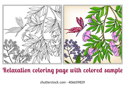 Decorative flowers, birds and butterflies. Coloring book for adult and older children. Coloring page with colored sample. Outline drawing. Vector illustration.