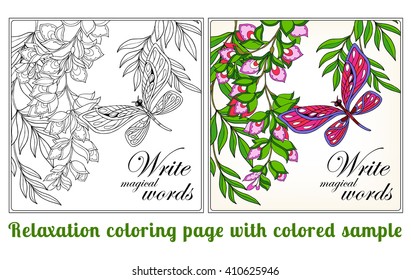 Decorative flowers, birds and butterflies. Coloring book for adult and older children. Coloring page with space for text, with colored sample Outline drawing. Vector illustration.