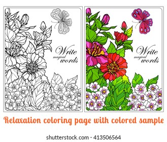 Decorative flowers, birds and butterflies. Coloring book for adult and older children. Coloring page with space for text, with colored sample Outline drawing. Vector illustration.