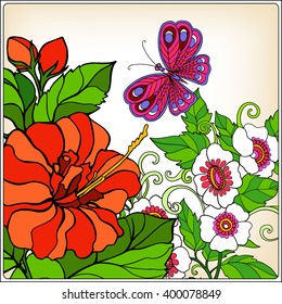 Decorative flowers, birds and butterflies. Good for greeting card for birthday, Valentines day or wedding or can be used as a print on T-shirts and bags. Colored Vector illustration.