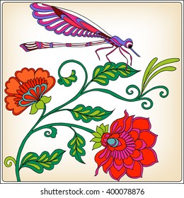 Decorative flowers, birds and butterflies. Good for greeting card for birthday, Valentines day or wedding or can be used as a print on T-shirts and bags. Colored Vector illustration.