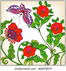 Decorative flowers, birds and butterflies. Good for greeting card for birthday, Valentines day or wedding or can be used as a print on T-shirts and bags. Colored Vector illustration.