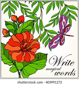 Decorative flowers, birds and butterflies. Good for greeting card with space for text.  Ã�Â¡an be used as a print on T-shirts and bags. Colored Vector illustration.