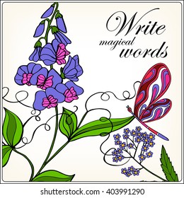 Decorative flowers, birds and butterflies. Good for greeting card with space for text.  Ã�Â¡an be used as a print on T-shirts and bags. Colored Vector illustration.