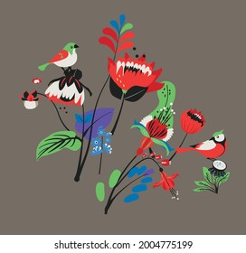 Decorative flowers and birds. Floral elements for decoration. Summers pattern