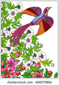 Decorative flowers and birds. Good for greeting card for birthday, Valentines day or wedding or can be used as a print on T-shirts and bags. Colored Vector illustration.