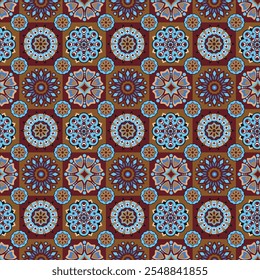 Decorative flowers blue and brown color seamless pattern for background or wallpaper.
