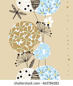 Decorative flowers in circles in white, blue, black, yellow and beige colors with leaves a seamless pattern on a light beige background.