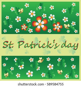 Decorative flowers, clover and a bee. St.Patrick 's Day. Vector Image. Design for greeting card, greetings, greetings, thematic illustrations.