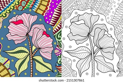 Decorative flowers coloring book page illustration for adults art drawing relaxing 