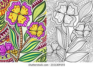 Decorative flowers coloring book page illustration for adults art drawing relaxing 