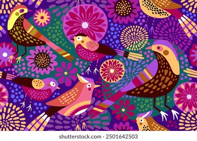 Decorative flowers and cute birds. Seamless floral pattern. Template for wrapping paper, textile, wallpaper, children's clothing. Vintage. Flat vector. Minimalistic illustration. Modern background.