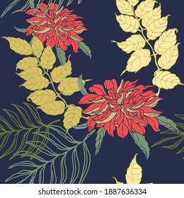 Decorative flowers for design. Ornament from flowers and leaves on a dark blue background. Floral seamless pattern. Vector illustration.