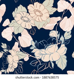 Decorative flowers for design. Ornament from flowers and leaves on a dark background. Floral seamless pattern. Vector illustration.