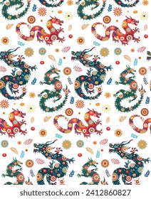 Decorative flowers and dragon silhouette, retro floral pattern design.