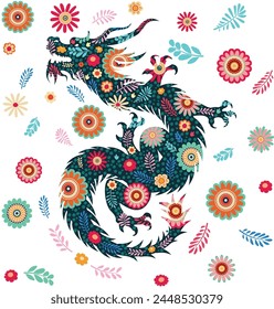 Decorative flowers and dragon silhouette, retro floral pattern design.