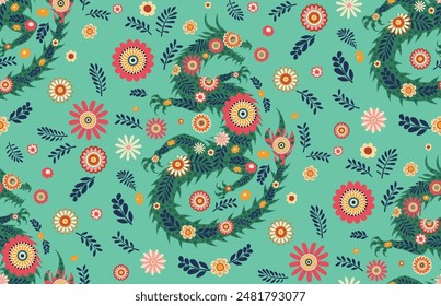 Decorative flowers and dragon silhouette, retro floral pattern design.