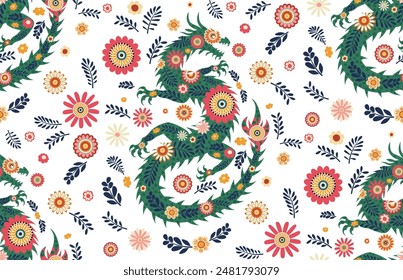 Decorative flowers and dragon silhouette, retro floral pattern design.