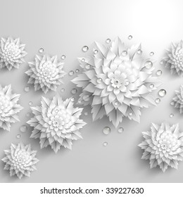 Decorative flowers with drops of dew in 3D white style