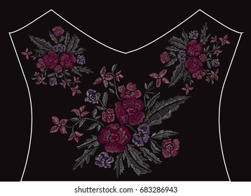 Decorative flowers in embroidery style on t-shirt or dress neck line. Editable colors