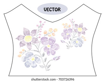 Decorative flowers in embroidery style on t-shirt or dress neck line. Editable colors.Can be used for fashion decorations, fabrics, manufacturing. Embroidery decorative flowers
