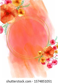 Decorative Flowers with Empty Circular Frame Given For Your Message on Orange Watercolor Brush Stroke Background.