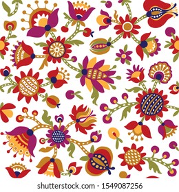 Decorative flowers ethnic seamless pattern on white background