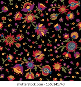Decorative flowers ethnic seamless pattern on black background