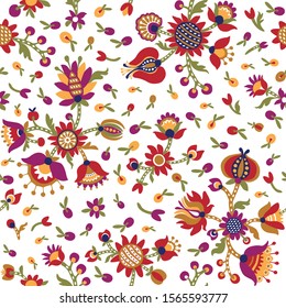 Decorative flowers ethnic seamless pattern on white background