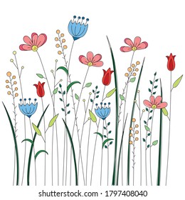 Flores decorativas, prado de flores, ilustración vectorial. imagen para una postal