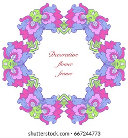 Decorative Flowers Frame. Floral Design pattern with tropical flowers. Universal card for invitation, birthday party and wedding. Stock vector illustration.