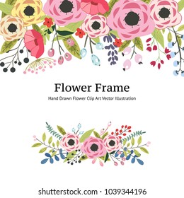 Decorative Flowers Frame. Hand Drawn Flowers Clip Art Vector Illustration.